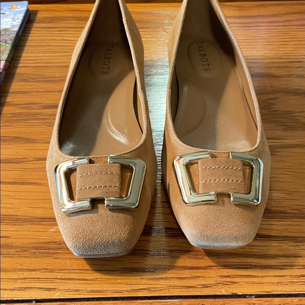 Talbots Camel Suede Square-Toe Flats with Gold Buckle Accent